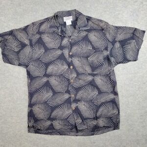 Back East Shirt Mens Medium Blue Tropical Leaf Rayon Button Front Casual Aloha